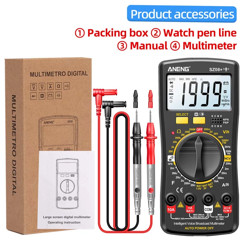 SZ08 LCD Digital Multimeter AC DC Voltage Current Tester Diode Freguency Multitester Ultra-thin Backlight Display with Buzzer