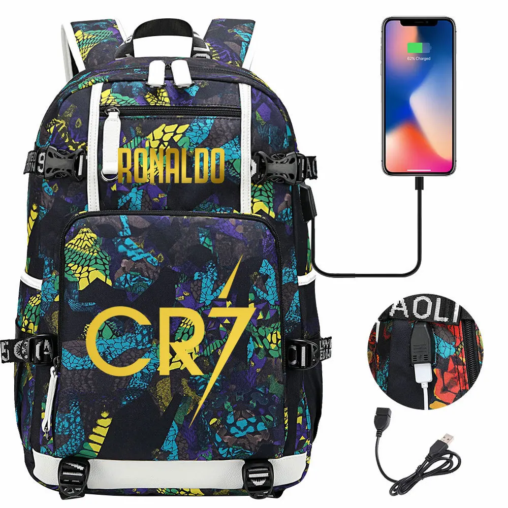 Estrela do futebol Ronaldo impresso mochila USB para homens e mulheres, mochila de viagem lazer, bolsa para computador ao ar livre, estudante jovem