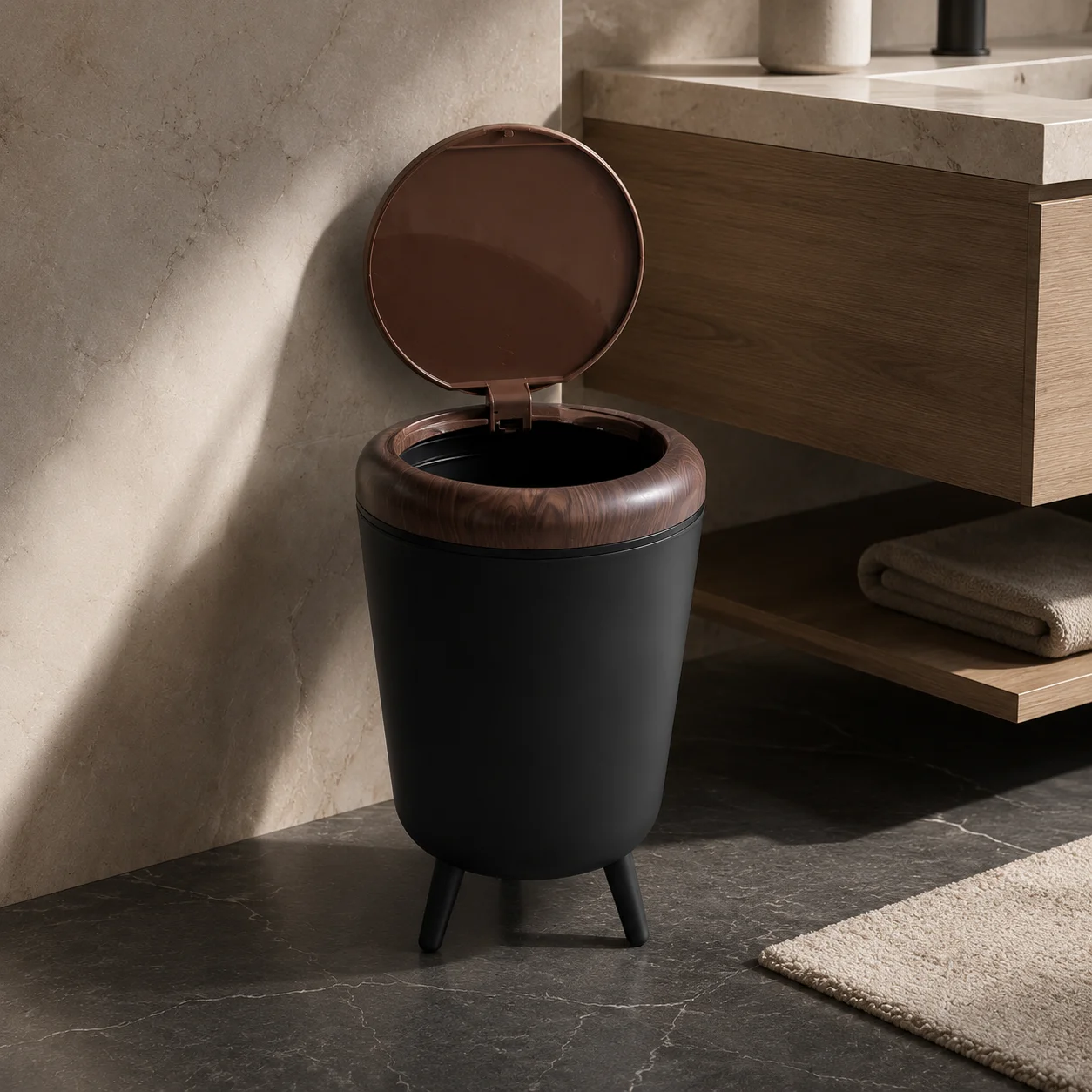 Minimalist Standing Round Press‑Top Trash Can, Decorative Waste Bin With Wooden‑Look Lid & 3‑Leg Base, Household Garbage Container for Indoor Use