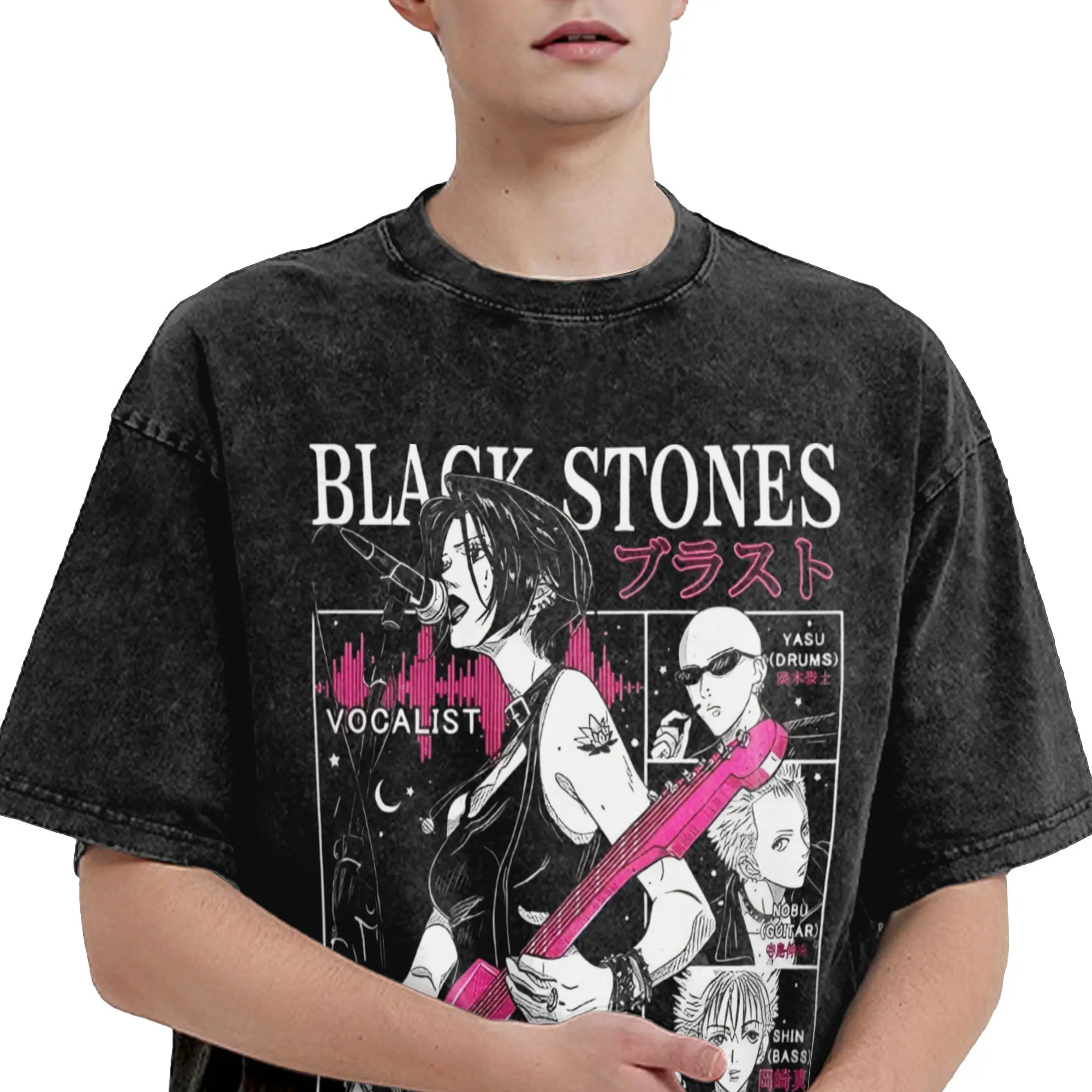 워시드 티셔츠 일본 만화 블랙 스톤스 나나 힙합 빈티지 티셔츠 하이 스트리트 스트리트웨어 100% 코튼 탑 티셔츠 남성용