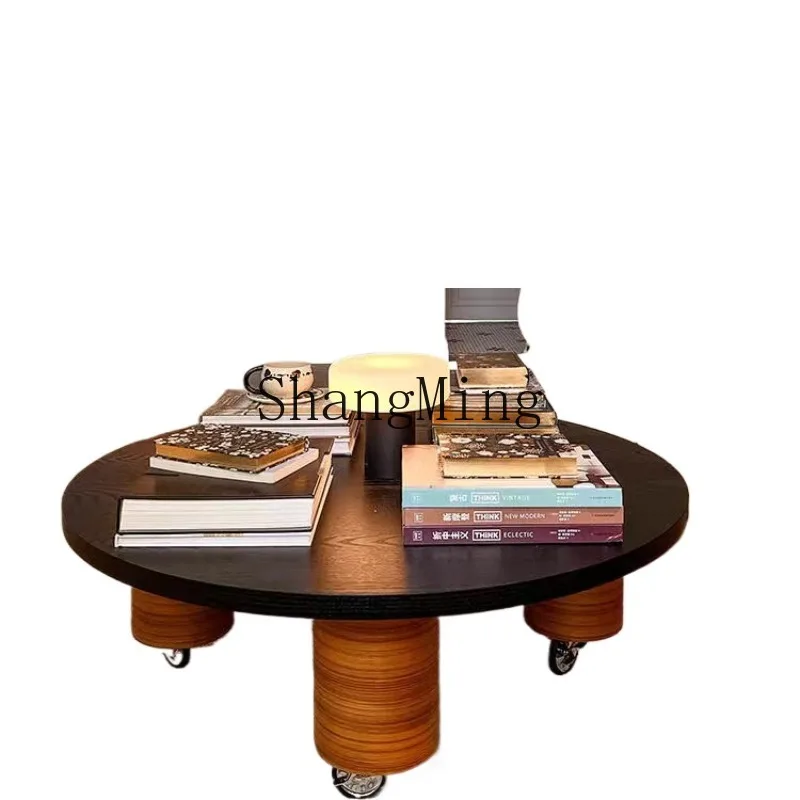 

CL style coffee table wabi style minimalist round movable solid wood tea table home living room retro low table