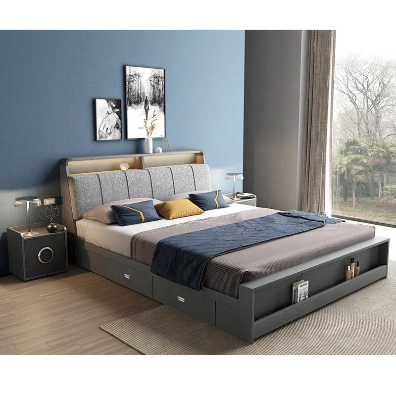 Japanese King Size Lightning Headboard Sleeper Segmented Wooden Led Bed Bedroom with Storage