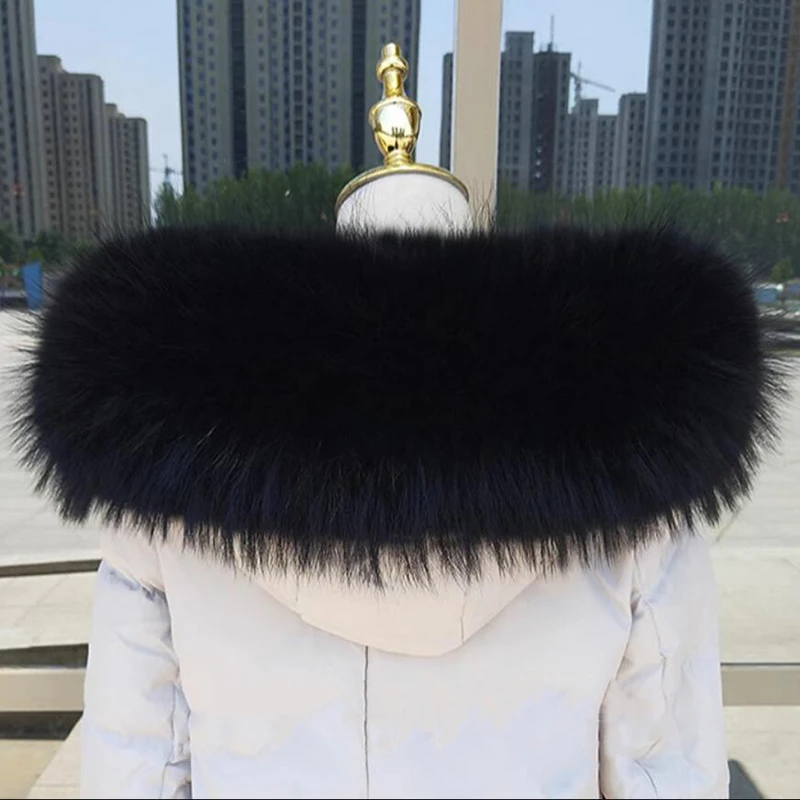 Luxury Winter 100% Real Raccoon Fur Collar Women Neck Warm Furry Fur Scarves Female Long Coat Hood Straight Collar Large Shawls