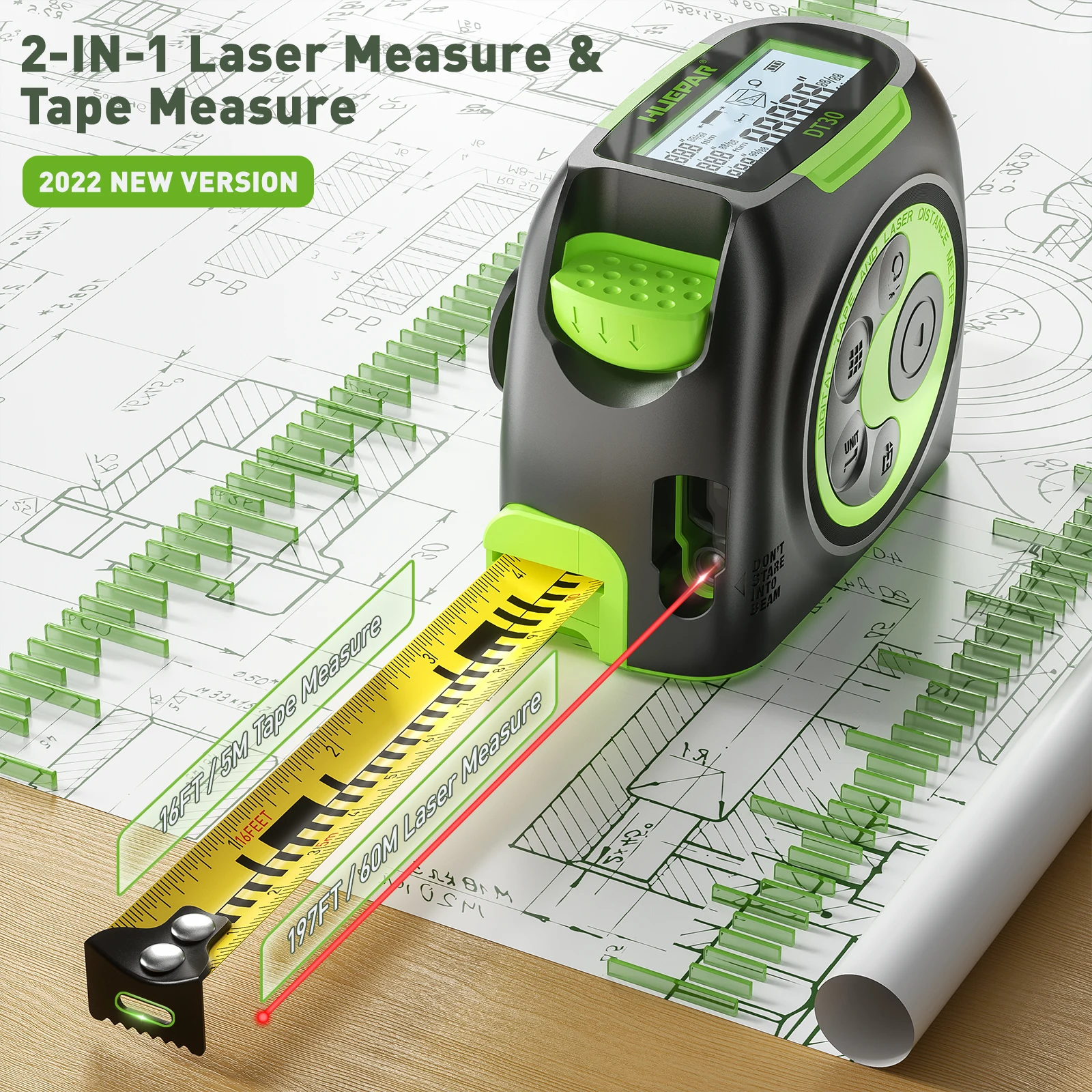 Huepar Laser Tape Measure Laser Distance Meter 2 in 1 Digital Laser Rangefinder LCD Display Rechargeable Laser Measurement Tools