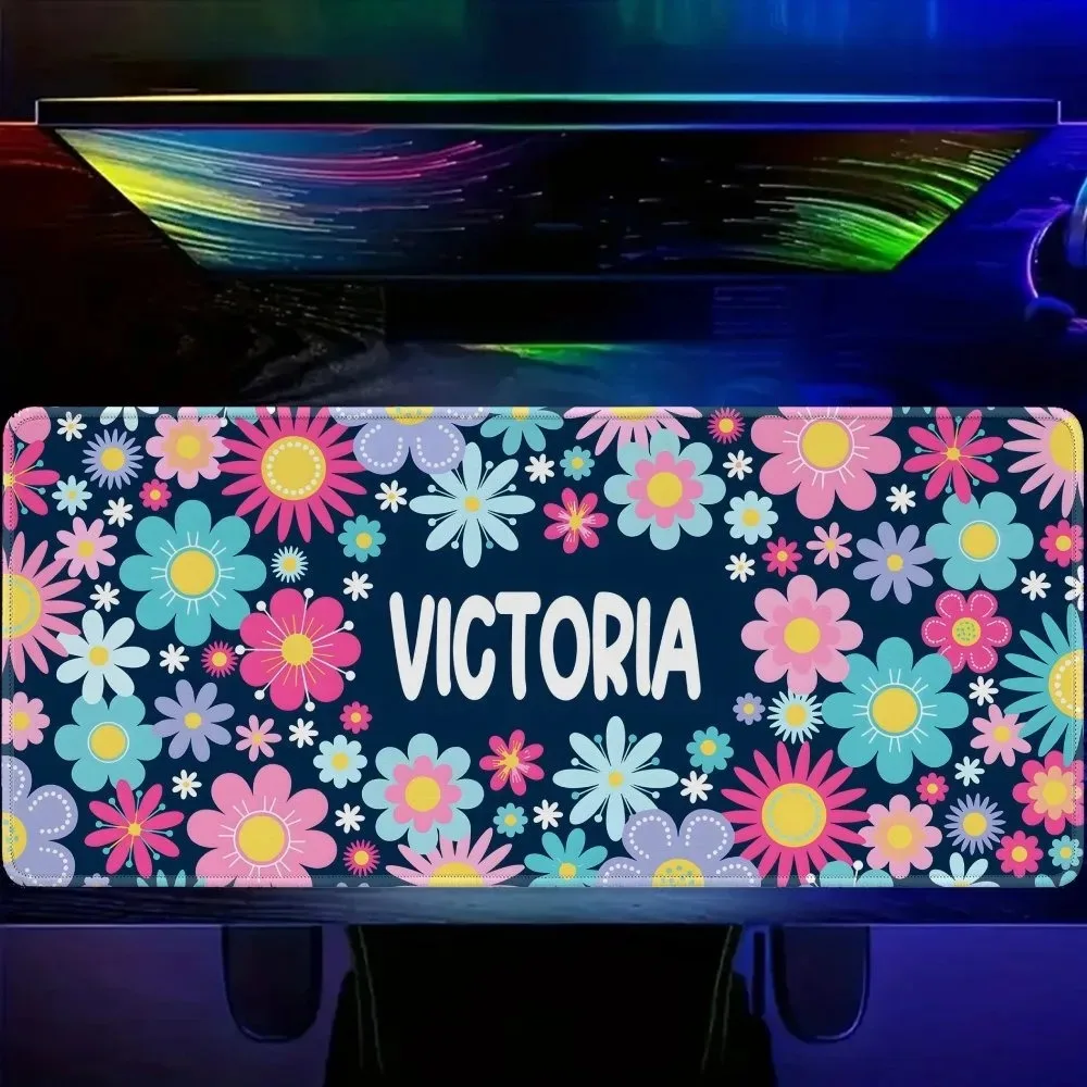 Pastoral Cute Boho Floral Customizable Name XXL Desk Mat, Soft Anti Slip Rubber Mouse Pad, Fresh 2D Desktop Decor For PC Worksta