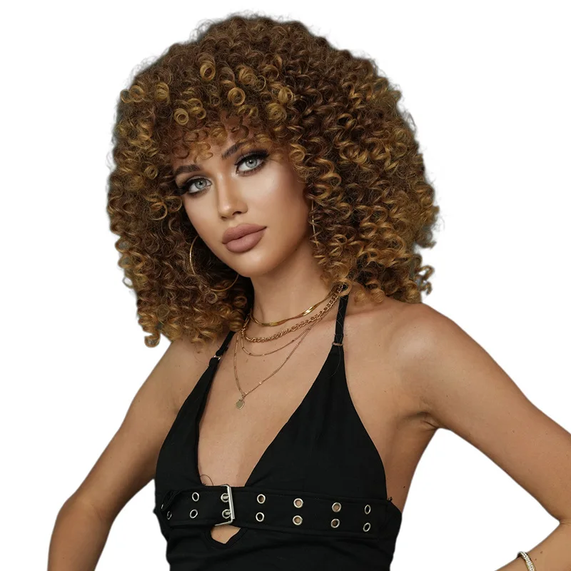 Black female spring curly short curly hair honey golden brown bangs synthetic synthetic African wig