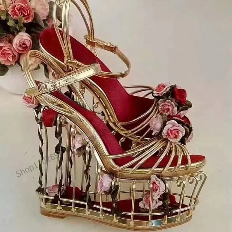 Sandalias de plataforma huecas con tacón de jaula de pájaros dorados con decoración de flores, Zapatos de Mujer con correa y hebilla en el tobillo, Zapatos de moda Para banquete 2025