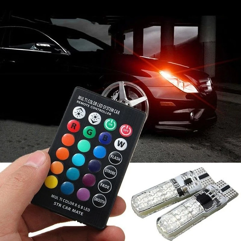 1SET T10 W5w RGB LED Bulb 12SMD 5050 CANbus 194 168 Car With Remote Controller Flash Reading Wedge Light Clearance Lights 12v