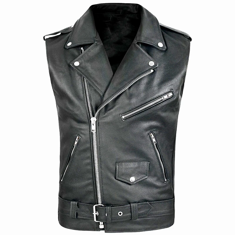 Men's PU Leather Vest Pop Motorcycle Leather Jacket Vest Men's Multi-zipper Punk Rock Sleeveless Tops