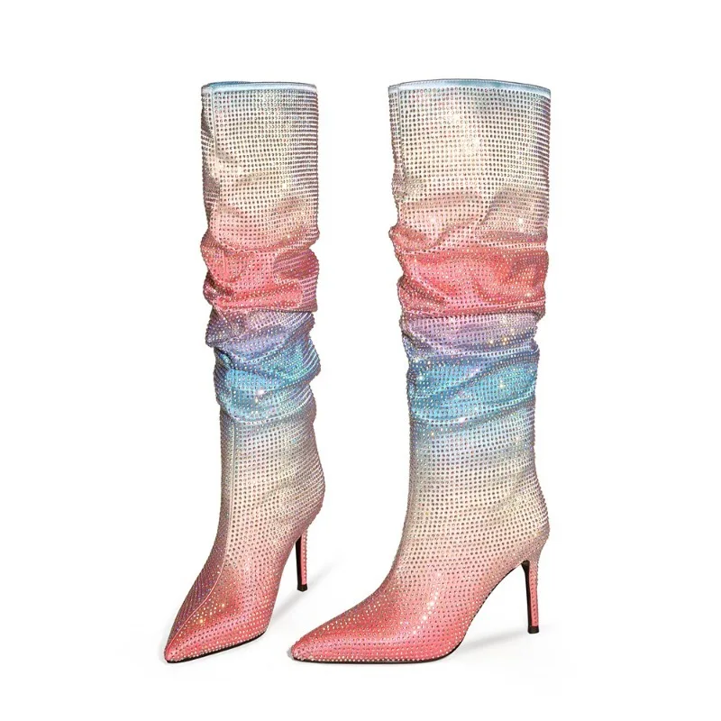 2023 Fashion New Thin High Heel Pleated Stacked Boots Rainbow Gradient Rhinestone Women's Shoes Thigh High Boots Large size 47