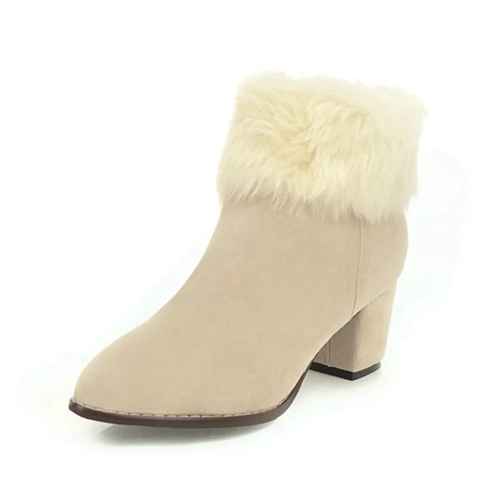 

QPLYXCO Ботильоны женские зимние плюшевые теплые элегантные пикантные короткие ботильоны с острым носком на высоком каблуке 5,5 см с внутренней молнией, большой размер 44 338