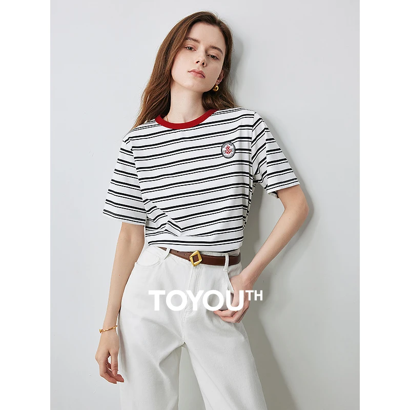 TOYOUTH Women Striped Short Sleeved T-shirt 2024 Summer New Academy Style Round Neck Top