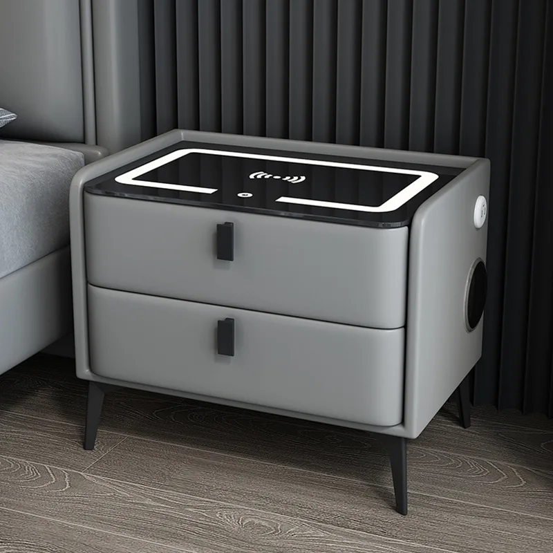 Smart Bedside Table with Wireless Charging, Modern Style Nightstand with Bluetooth Speaker, 2 Drawers Side Cabinet