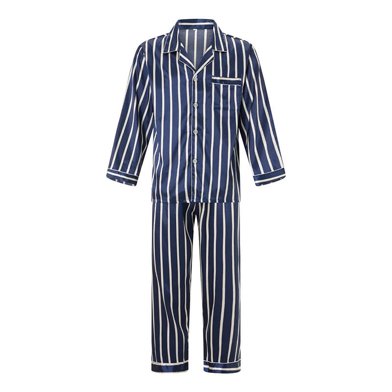 

Men’s 2 Piece Satin Pajama Set Long Sleeve Striped Print Button Up Shirt + Pants Set Loungewear