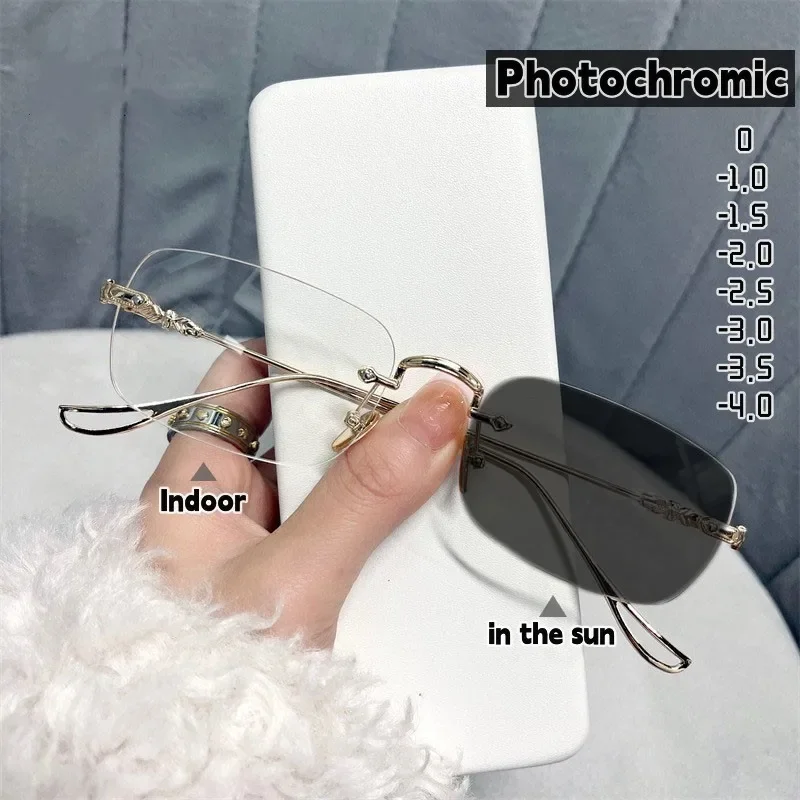 Luxury Rimless Photochromic Myopia Glasses Trendy Anti Blue Light Short-sight Eyewear Women Men Near Sight Sunglasses Diopter