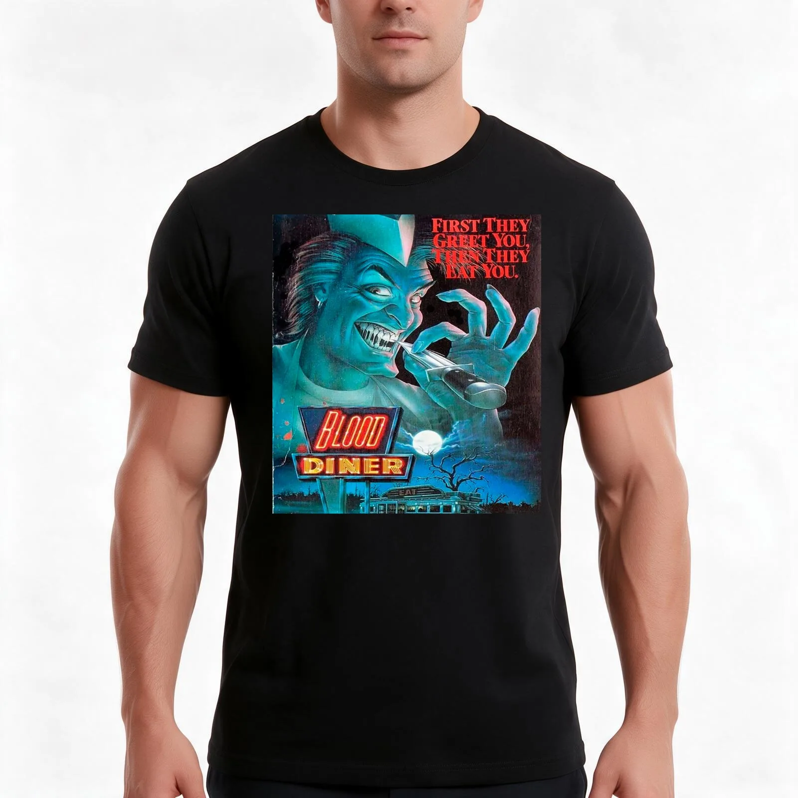 Blood diner T-Shirt, Summer Casual Cotton Tee, Oversized Streetwear Tops, Vintage Graphic Print, Loose Fit Short Sleeve
