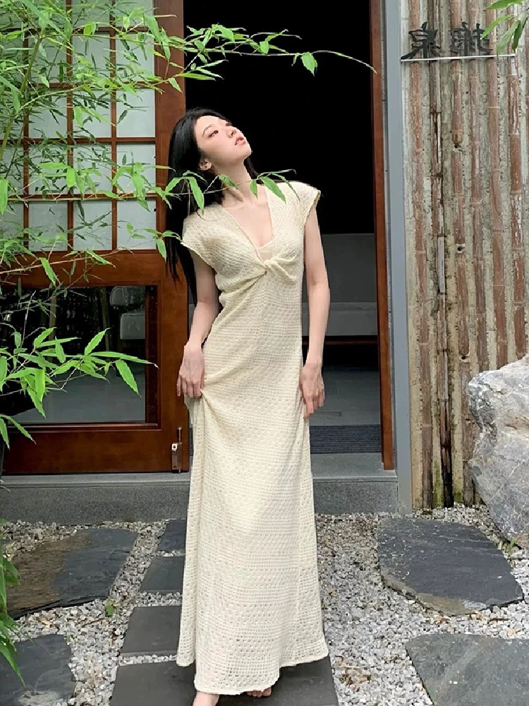 

2025 Summer New Korean Sle Faionable Hollow out Knot Dr Women's Ele Heavy Embroidery Slimming A-Line Dr