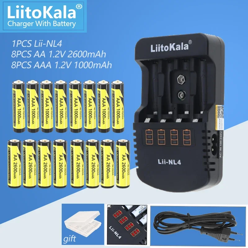 LiitoKala Lii-NL4 Charger + 1.2V AA/AAA Ni-MH Rechargeable Battery For Temperature Gun Remote Control Mouse Toy Batteries