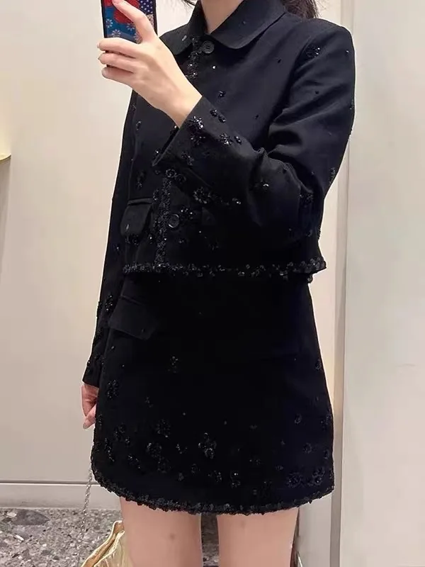 

【Подарок бесплатно】Женская черная куртка с цветочным принтом и мини-юбка трапециевидной формы с высокой талией и длинными рукавами, повседневный комплект из 2 предметов, новинка 2023 года, мода