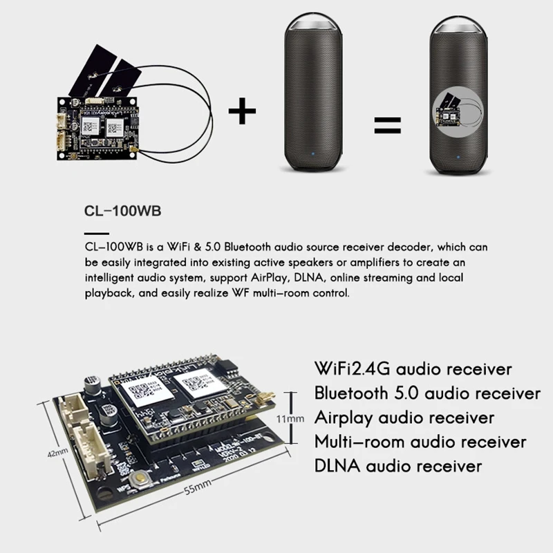 Amplificador de Áudio Multi-Source com App Control, Módulo Wi-Fi Speaker, Suporta Airplay DLNA, 2.4G e Bluetooth 5.0