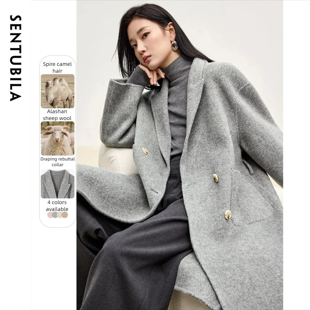 

SENUBILA элегантные шерстяные пальто для женщин, новые зимние длинные куртки для поездок на работу, двубортная верхняя одежда с длинными рукавами, женская W44O56004