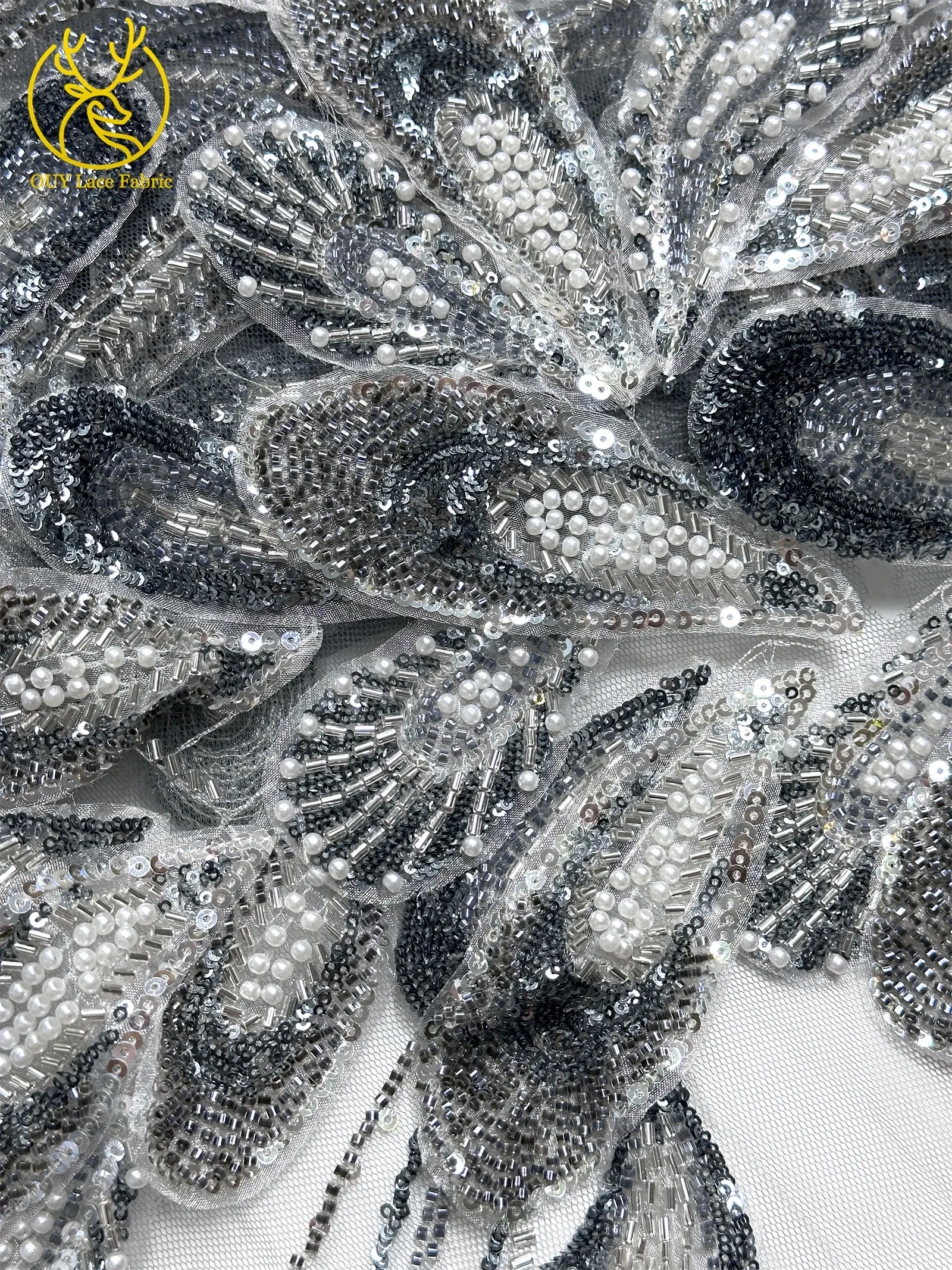 3D Luxus Afrikanischer bestickter Perlen-Mesh-Spitzenstoff, 5 Yards, französischer Tüll-Pailletten-Spitzenstoff für nigerianische Hochzeitskleider zum Nähen – Detail 23