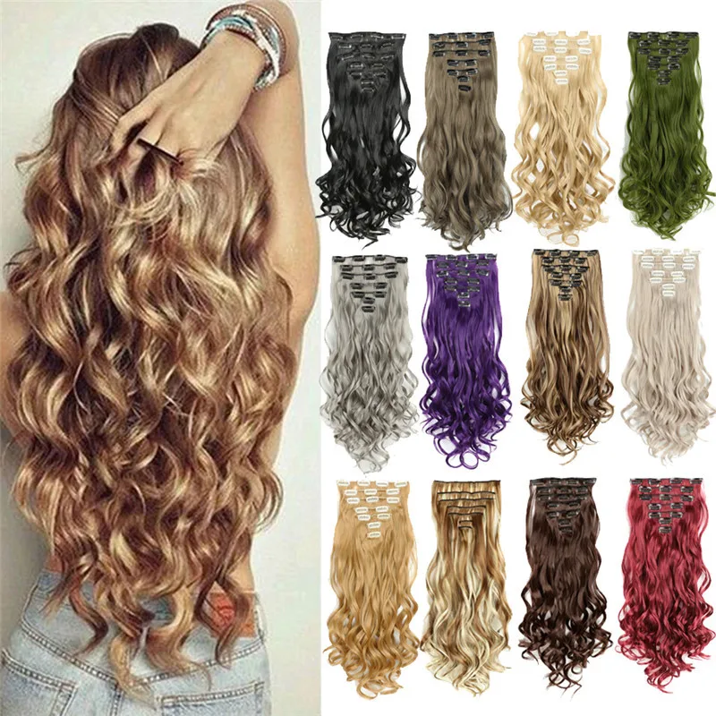 Synthetic  Gradient Color Clip In Hair ExtensionsLong Wavy Curly Hairpiece Long Hair Extension Thick Hairpieces For Women