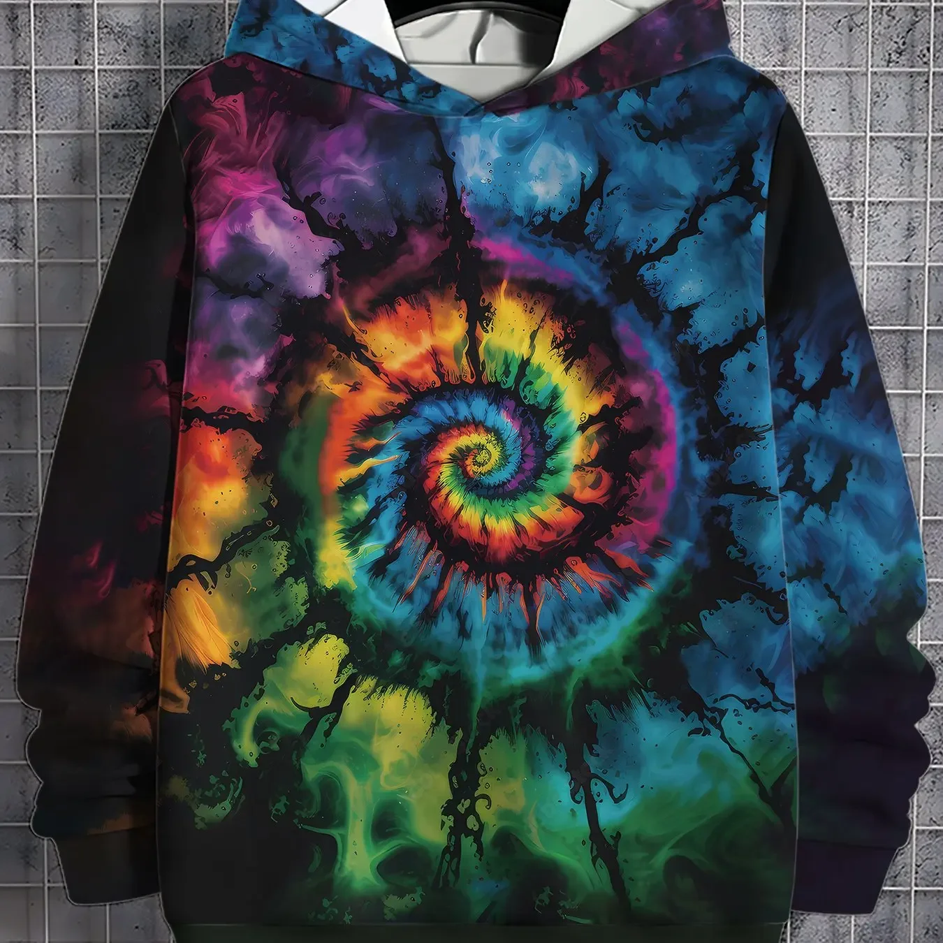Unisex Regenbogen-Spiral-Tie-Dye-Print Hoodie Bunter Swirl-All-Over-Print Kordelzug-Tasche Langarm Lässiger Street-Sweatshirt – Detail 2