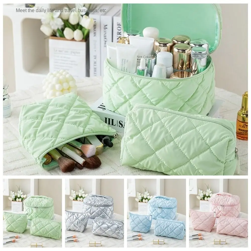 3pcs/set Nylon Cotton Quilted Makeup Bag Multi-function Solid Color Toiletry Cosmetic Pouch Zipper Lightweight