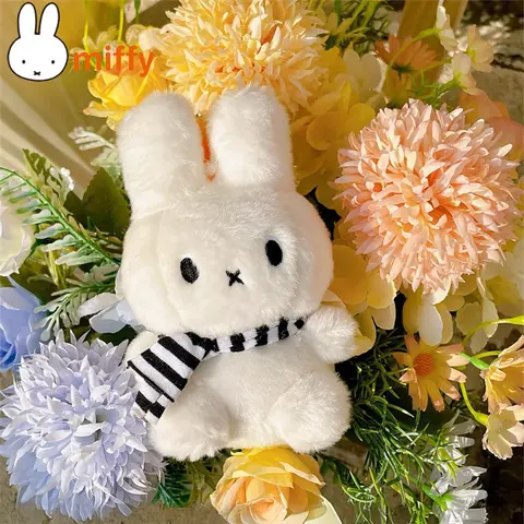 Lindo Miffy Kawaii muñeco de peluche colgante conejo de dibujos animados bufanda blanca y negra colgante de felpa llavero mochila accesorios regalo para niña