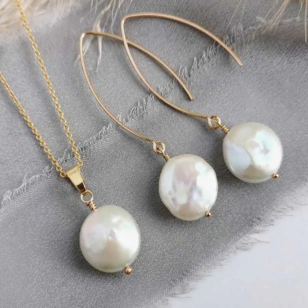 

A set 13-14MM baroque white freshwater Coin Pearl Necklace Classic Easter FOOL'S DAY Party Women New Year VALENTINE'S DAY