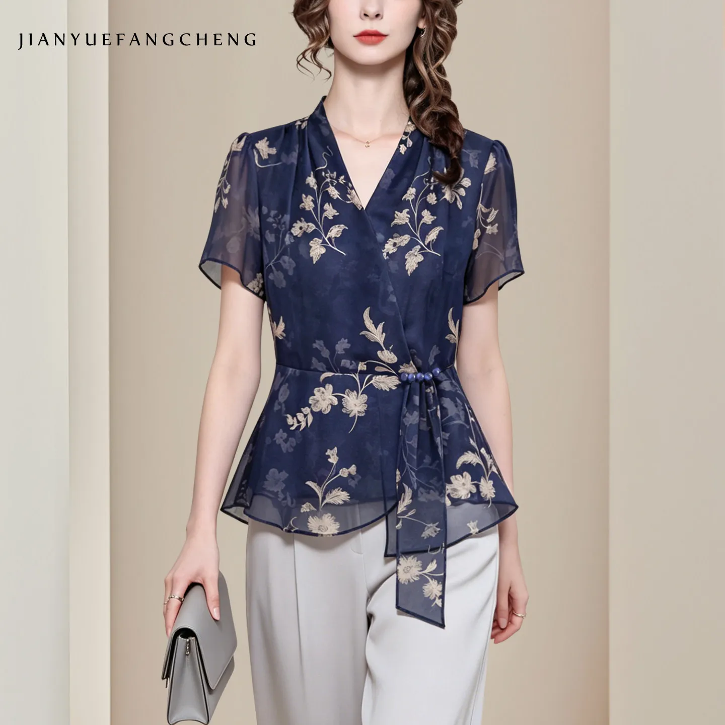 Fashion Retro Floral Print Blue Chiffon Blouse Women Summer Short Sleeve V-neck Top Asymmetrical Slim Casual Office Shirt