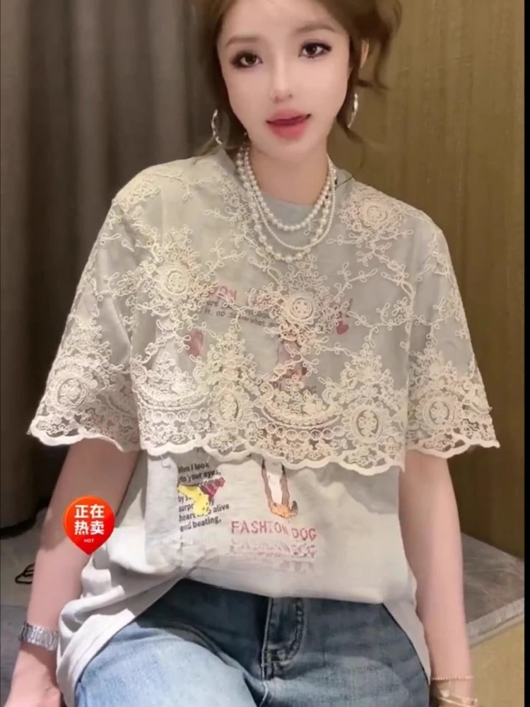 

Французские винтажные футболки из двух предметов, кружевные лоскутные топы с мультяшным принтом, летние повседневные дизайнерские футболки, новая женская одежда