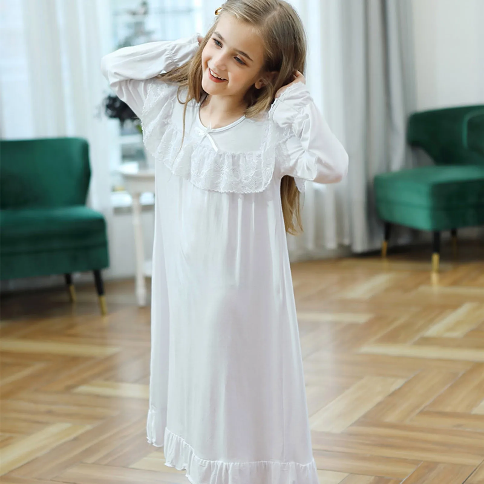 Kids Girls Lace Dress Children Nightdress Solid Color Ruffle Autumn Long Sleeve White Princess Dress Home Robe Sleepwear Vestido