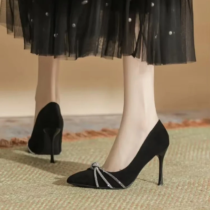 Size 30-44 Rhinestone Thin Heel Point Toe 9cm High Heel Shoes Women Pumps Suede Black Apricot Daily Work Shoes