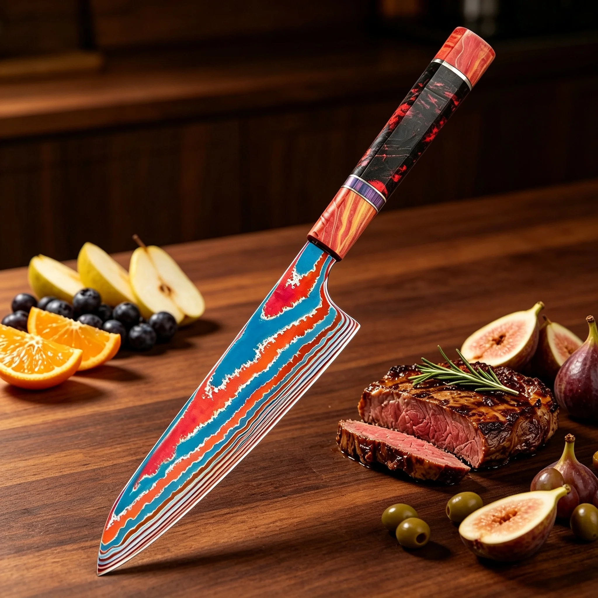 Titanium Damascus Chef Knife Cutting Knife Vegetable Meat Slicing Knife Stabilized Colored Wood Handle Kitchen Essentials Tools