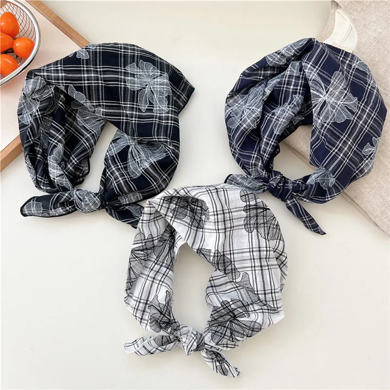 

58 см клетчатый квадратный шарф с цветком, модный шейный платок с цветочным принтом, шарфы на шею, банданы, тюрбан, повязка на голову, головные уборы для женщин