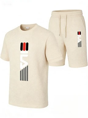 Men's Polo Print 2 Piece Outfit, Waffle Knit T-shirt + Shorts Set, Casual Summer Tracksuit, Classic Horse Rider Logo Streetwear