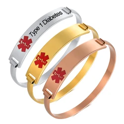 Free Customize Medical Cuff Bangle Bracelets for Women, Anti Allergy Stainless Steel ID Tag, Emergency Reminder Jewelry
