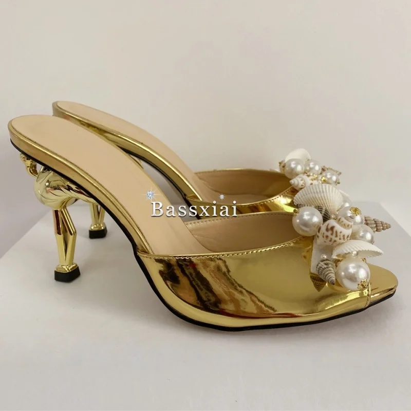Beaded Pearl Sea-Shell Flower Sandals Women Unique Flamingo Strange Heel Slingbacks Patent Leather Summer Mules