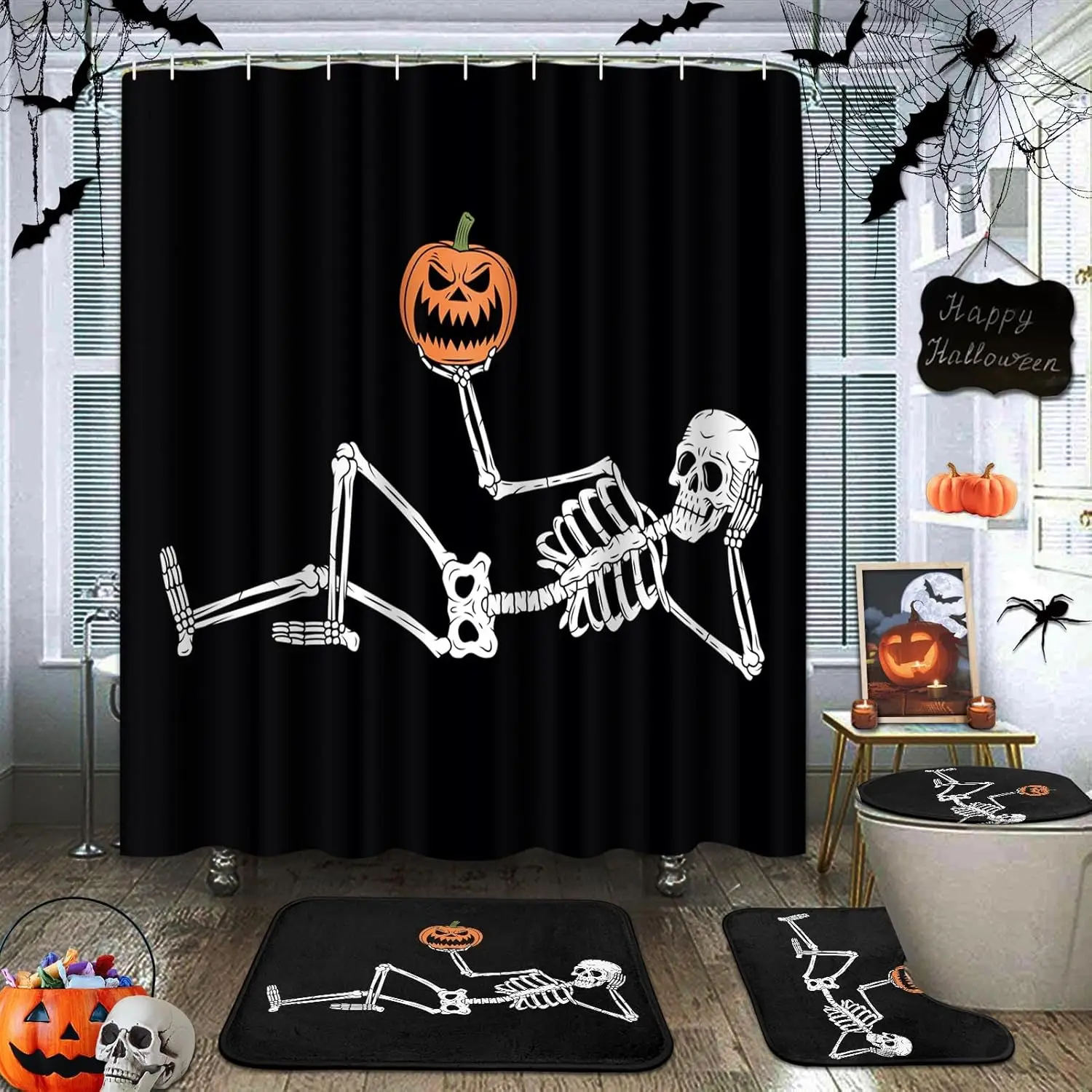 Halloween Shower Curtain Sets with Rugs Halloween Skeleton and Pumpkins Bathroom Set with Non-Slip Rug, Toilet Lid Cover