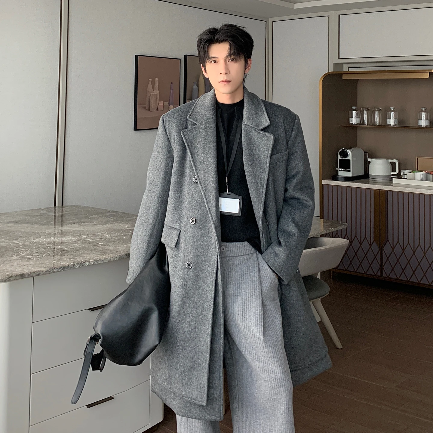 معاطف رجالية شتوية جديدة لعام 2025 مبطنة بلون واحد معاطف فضفاضة أنيقة متوسطة الطول فوق الركبة سترات دافئة سميكة للرجال #4