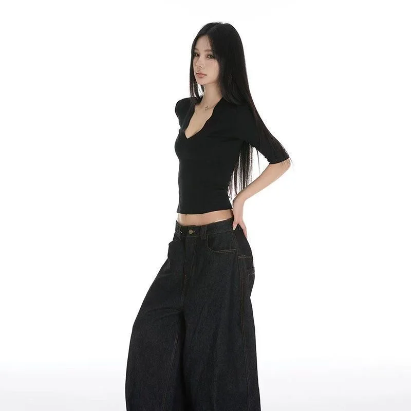 Women's Y2K Black V-Neck Drop Shoulder Short Sleeve Crop T-Shirt Summer Slim Fit Unique Casual Tee Tops Pro Choice Women Clothes
