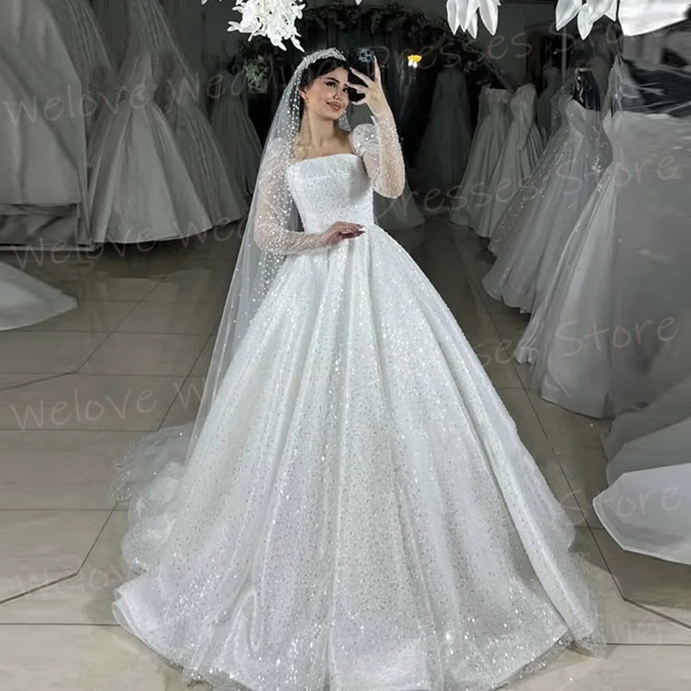 Lussuosi abiti da sposa da donna a linea A collo quadrato maniche lunghe scintillanti abiti da sposa personalizzati principessa lucida Robe De Mariée