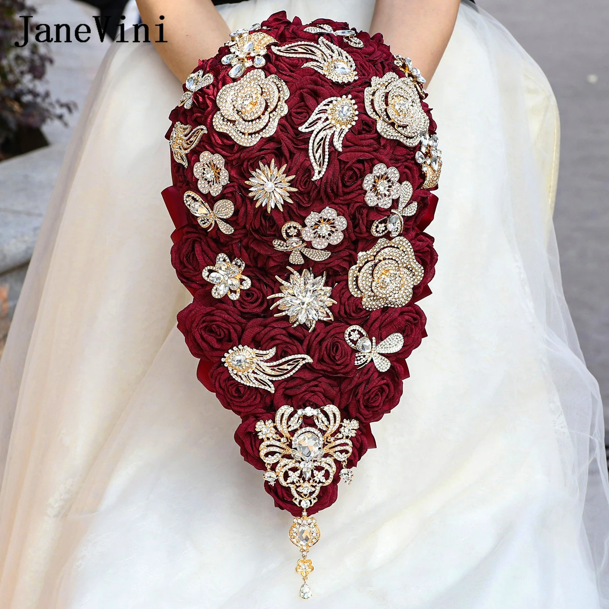 

JaneVini Vintage Burgundy Waterfall Bride Bouquet Flowers Wedding Bridal Dark Red Roses Luxurious Gold Diamond Crystal Bouquets