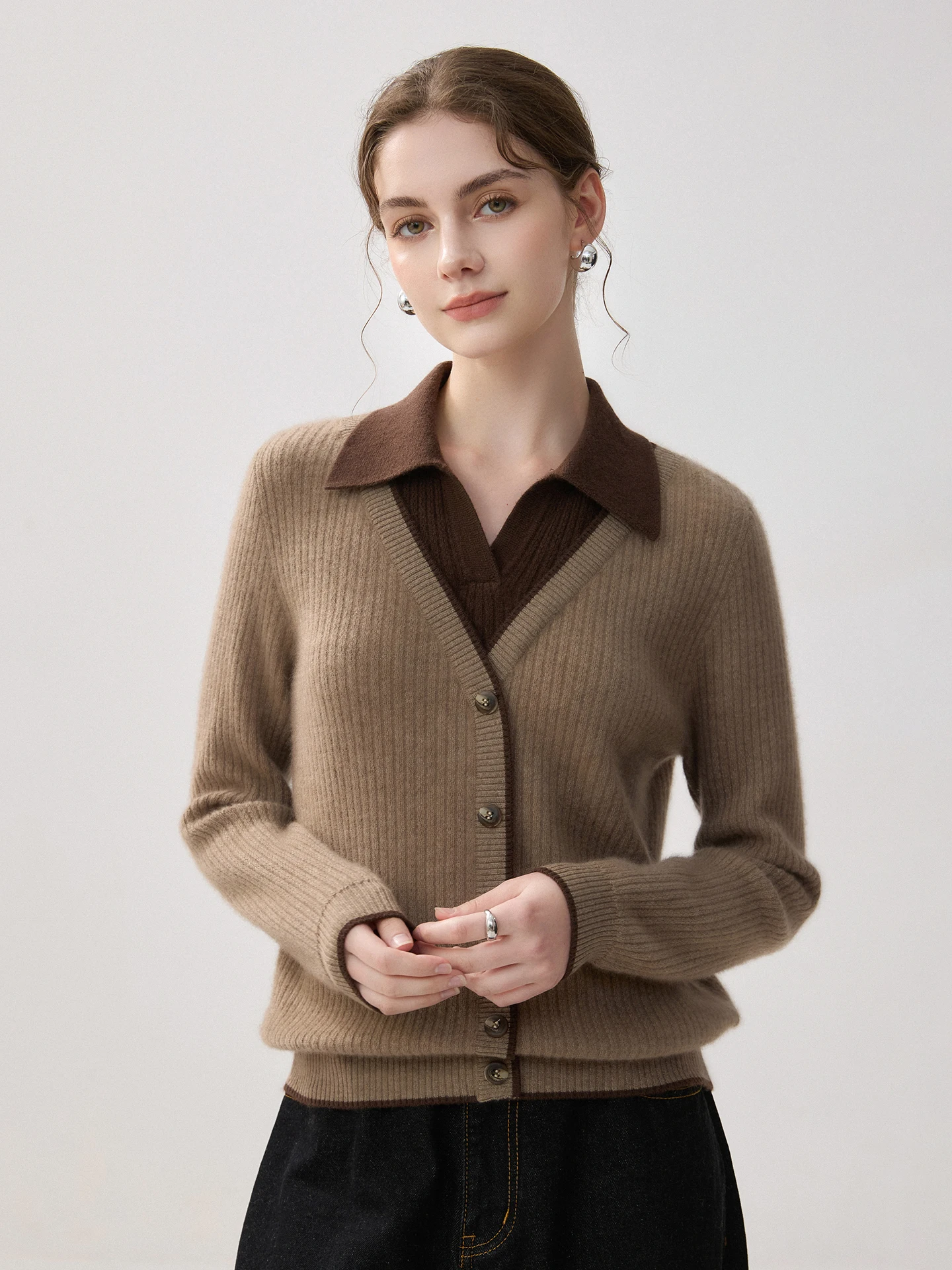 Fake Two-piece Long Sleeve Top Women New Autumn Winter 100% Cashmere Pullover Sweater High-end Lapel Knitwear Inner Warm