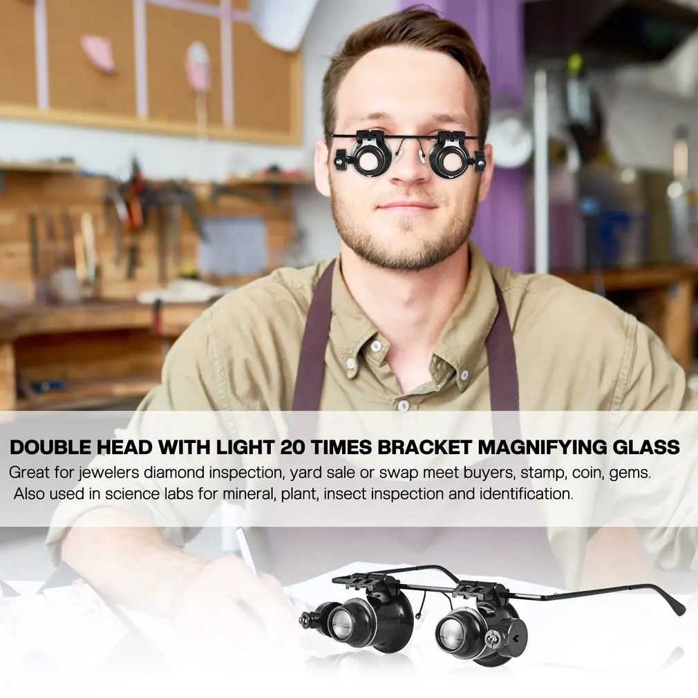 Lupa Binocular de doble ojo, herramienta de reparación de relojes, lupa con dos luces LED ajustables, gafas de medición, 20X