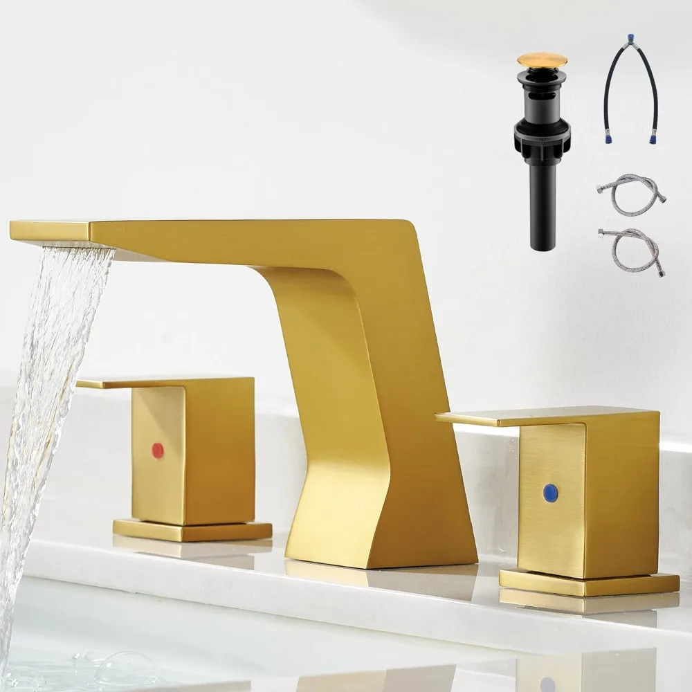 

8-дюймовый широко распространенный матовый золотой смеситель для раковины с двумя ручками и водопадом со сливом и шлангами