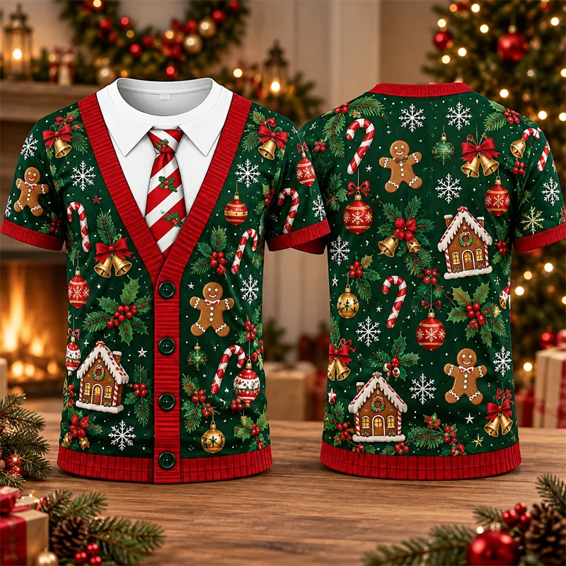 Christmas Cardigan Pattern 3D Print T Shirt for Men Funny Ugly Christmas Shirt Santa Snowflake Gift Tee for Holiday Party Tops