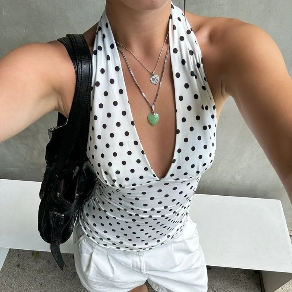 Pure Desire Polka Dot Hot Girl Halter Tank Top, Women's Summer  Low-Cut Off-Shoulder Tie Slim Fit Top, Fashionable Multifunctional Style, Pleated Elegant Outfit